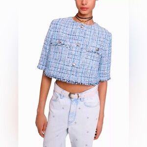 Maje Blue and White Cropped Tweed Blazer